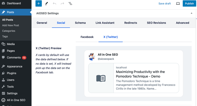 AIOSEO X (Twitter) Settings for a Post