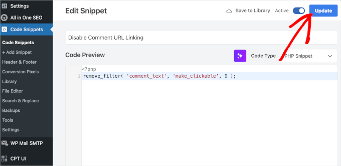 Activate and save the Disable Comment URL Linking snippet