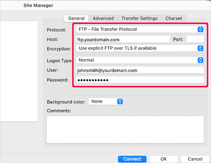 Entering FTP credentials in FileZilla