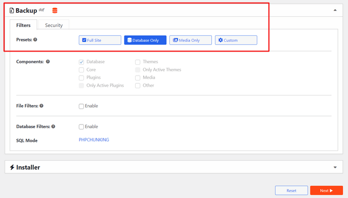 Setting up a database only backup in Duplicator