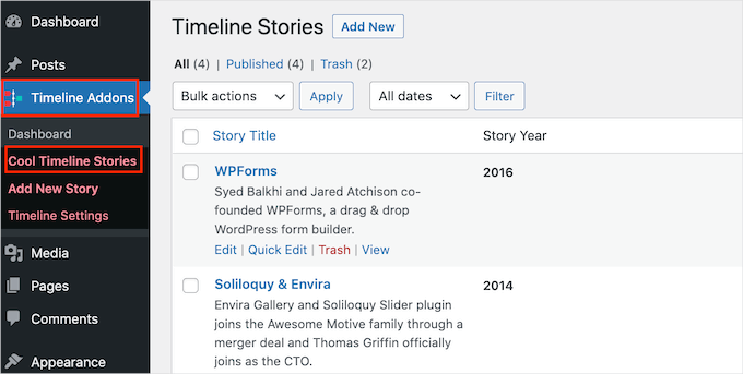 Different timeline events in the WordPress dashboard