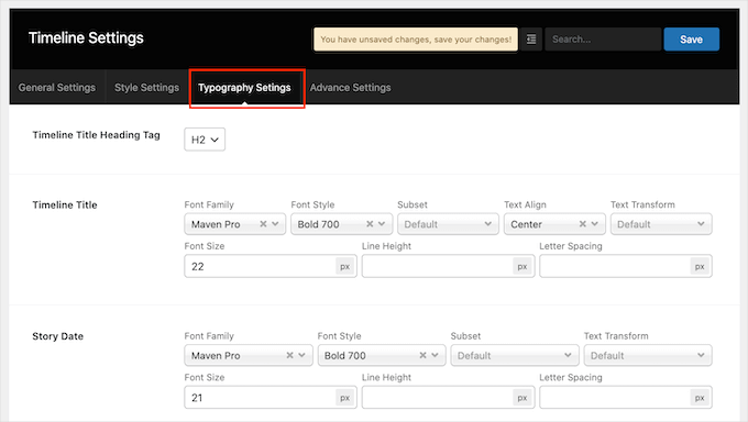 Changing the typography in an event timeline