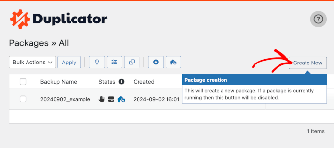 Creating a new package in Duplicator