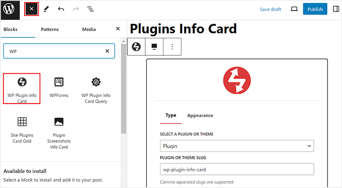 Add WP Plugin Info Card block to the page