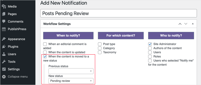 Creating a Notification for Posts Pending Review