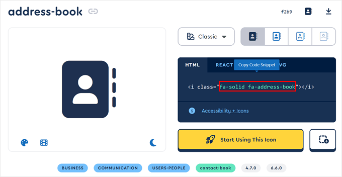 Copying the Font Awesome icon CSS class