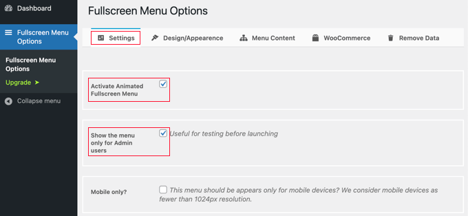 Full Screen Menu Options Settings Page