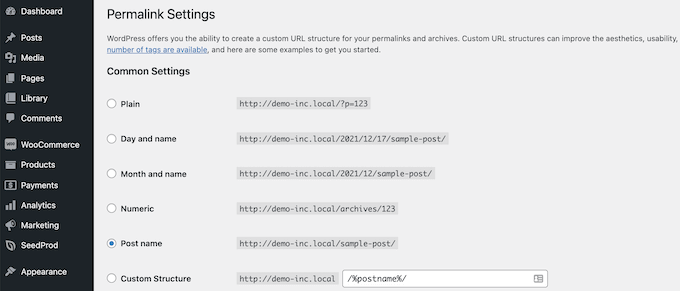 WordPress permalink settings