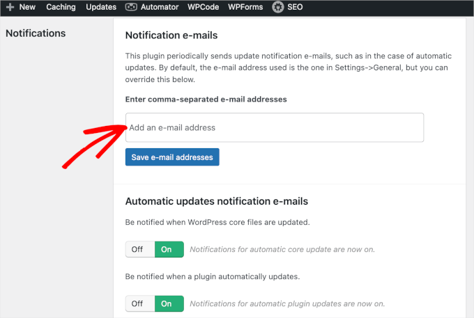 Setting up emails for update notifications