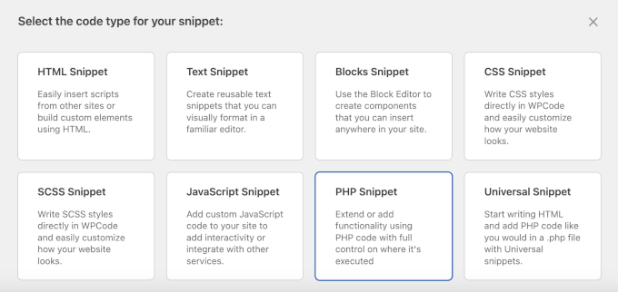 Choosing PHP Snippet as the code type