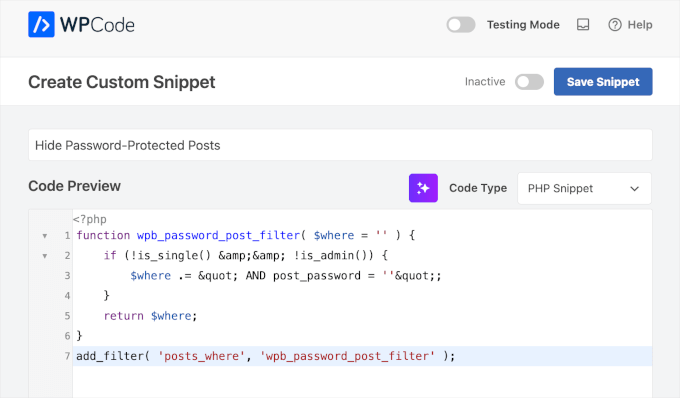 Code preview for hiding password-protected posts