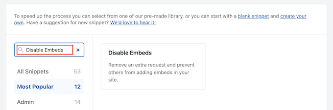 Disabling embeds using the WPCode code snippets plugin