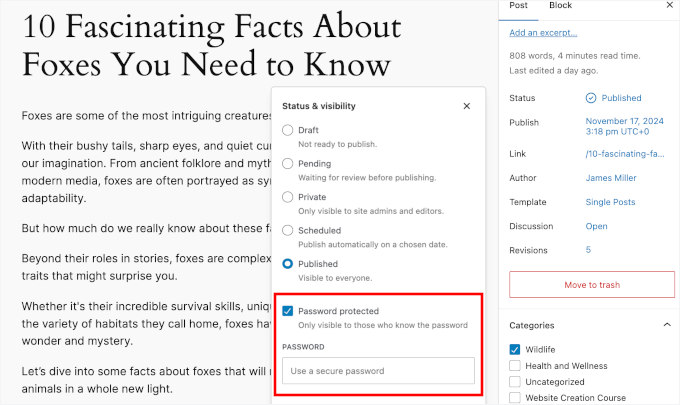 Setting up password for the password-protected post