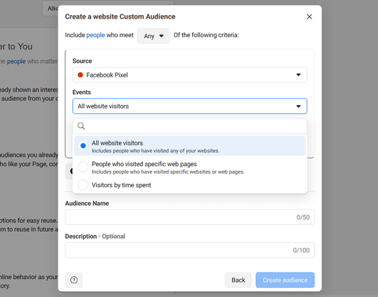 Choose the events for your custom audience