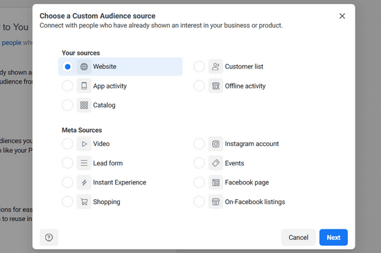 Choose the source for your custom audience