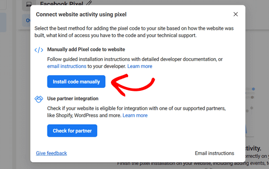 Choose the option to install Facebook Meta pixel code manually