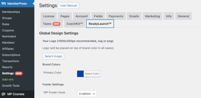 MemberPress' ReadyLaunch settings