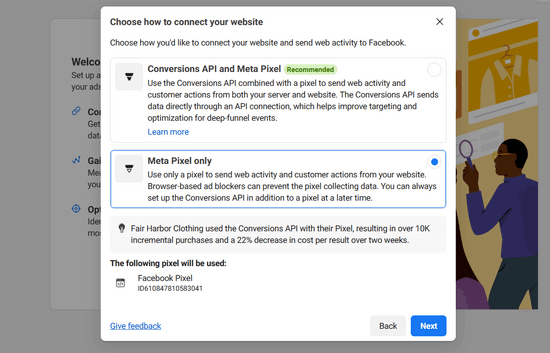 Choose how to connect your website Meta pixel