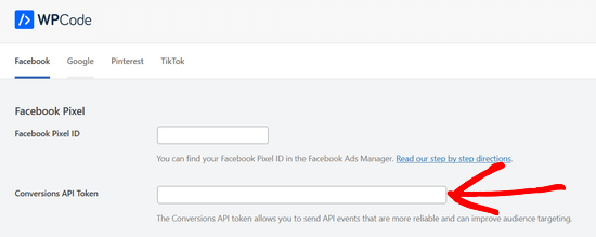 Paste Conversions API Token in WPCode