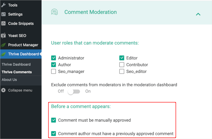 Default comment moderation settings in Thrive Comments