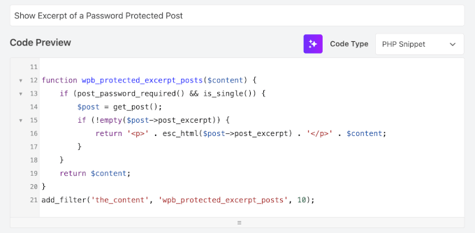 Custom snippet in the code preview