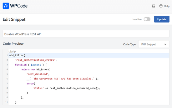 WPCode automatically adds the Disable JSON REST API snippet