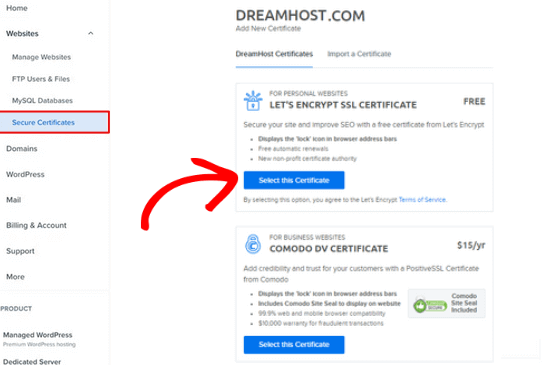 Add free Let's Encrypt SSL in Dreamhost