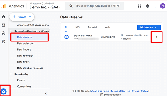 Select data stream in Google Analytics