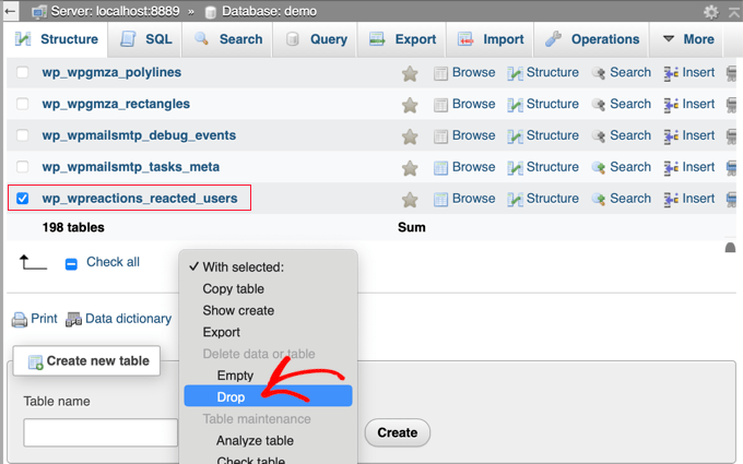 Drop table in database