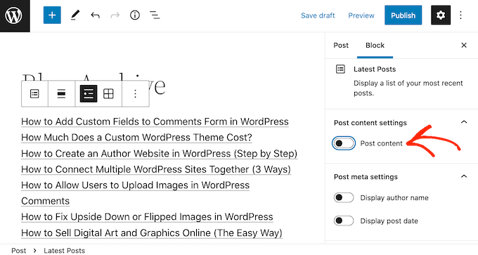 The Post Content settings