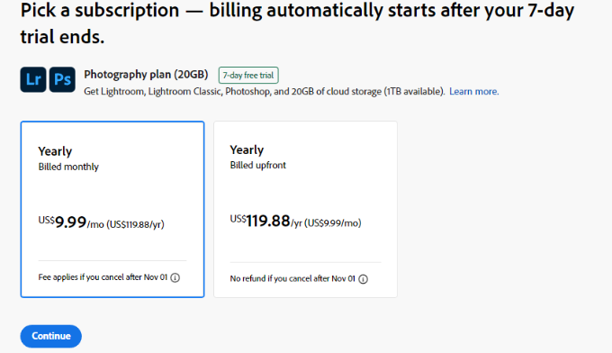 Select billing for Lightroom classic