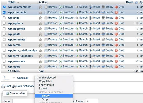 Select and empty comments table in WordPress