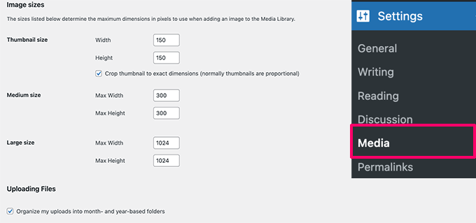 Media settings in WordPress