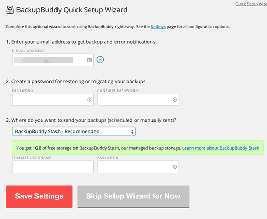 De snelle installatiewizard van BackupBuddy