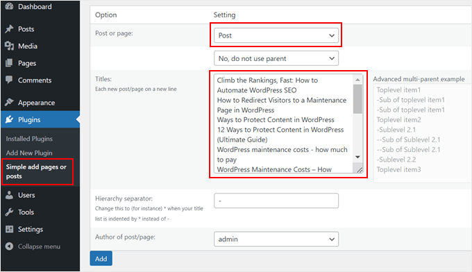 Configuring the Simple Add Pages and Posts plugin