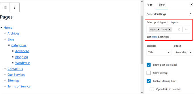 Choosing a post type to display in the sitemap in block editor