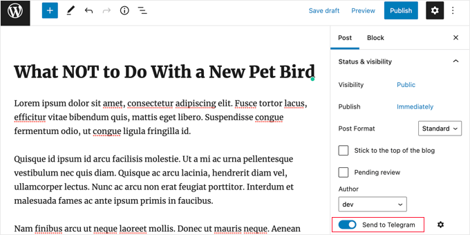 WordPress 编辑器现在有一个发帖到 Telegram 设置