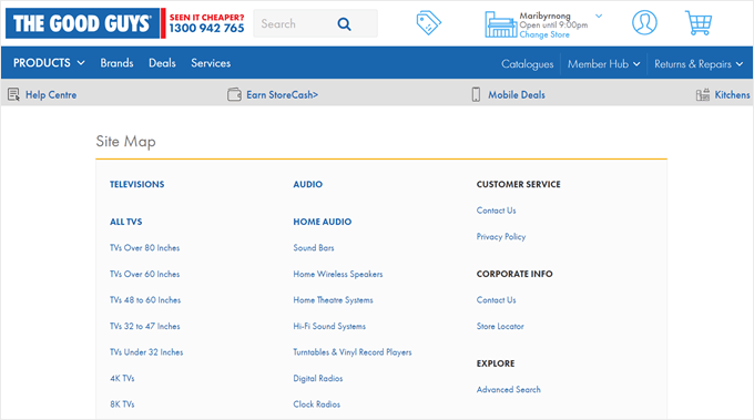 The Good Guys' sitemap example