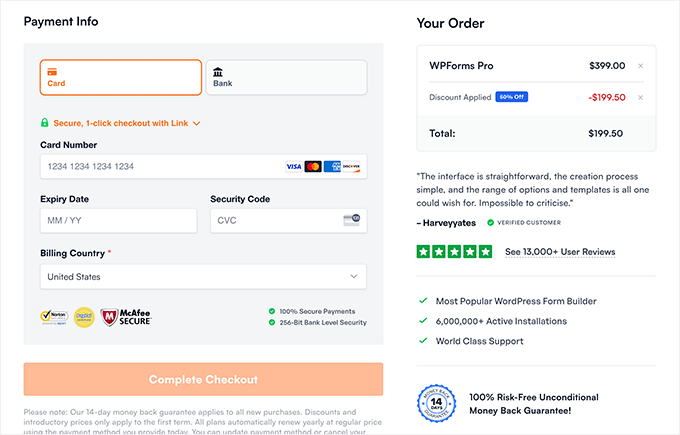 WPForms payment and purchase