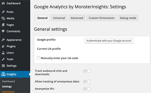 Autentique su cuenta de Google para seleccionar su perfil de Analytics