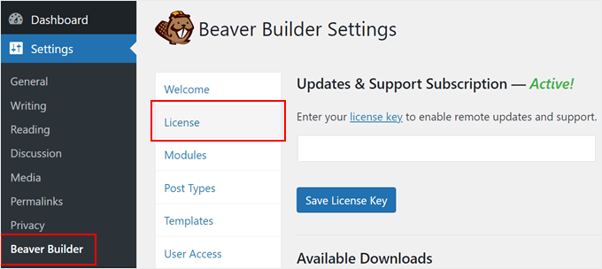 Entering the Beaver Builder's license key