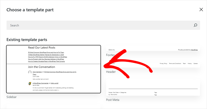 Choosing the Sidebar template part for the Single Posts template