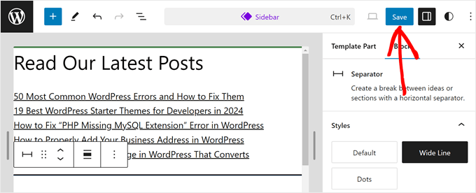 Saving the sidebar template part in FSE