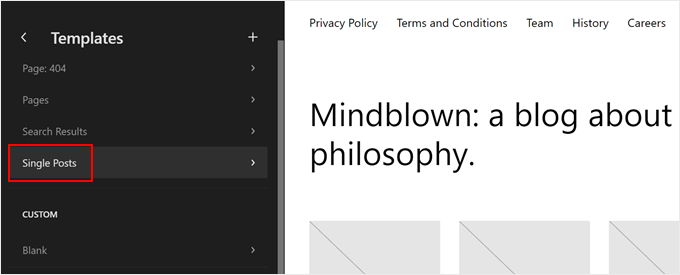 Opening the Single Posts template option in FSE