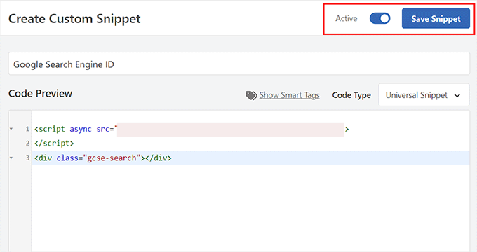 Save Google Search Engine ID snippet