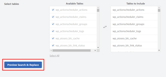 Select tables in Search & Replace Everything plugin