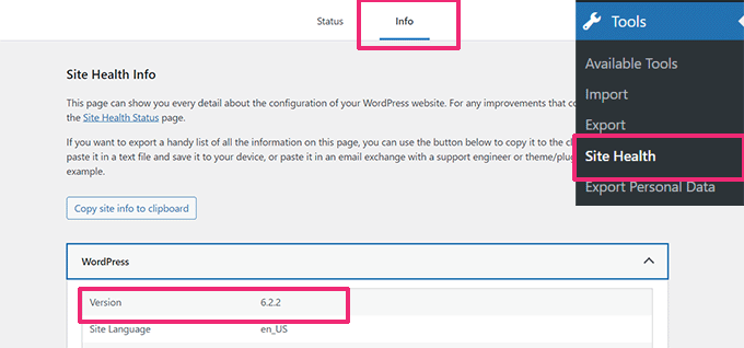 Check WordPress version in Site Health tool