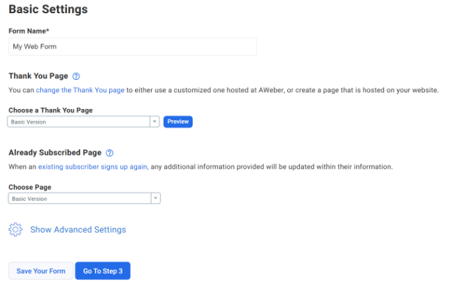 View and edit form basic settings