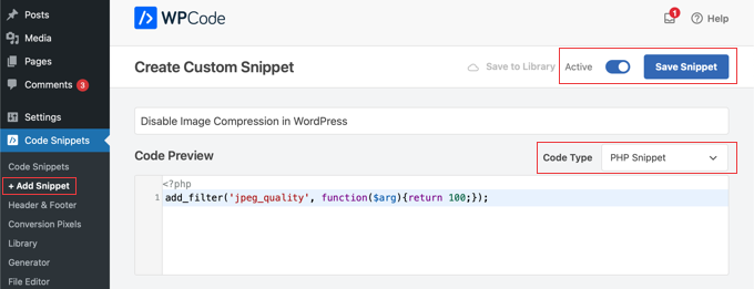 Disabling Image Compression Using WPCode