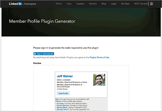 LinkedIn member profile plugin page